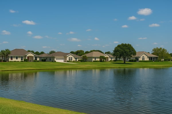 Illustration of a suburban-style Florida neighborhood with pond, homes, and blue sky for Fruitland Park real estate section-1
