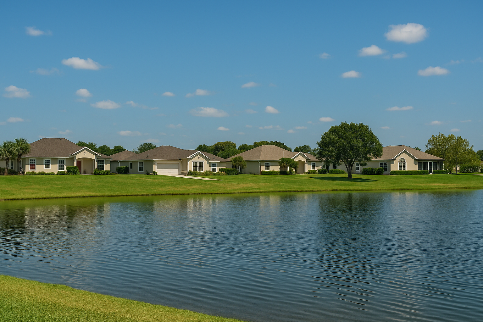 Illustration of a suburban-style Florida neighborhood with pond, homes, and blue sky for Fruitland Park real estate section